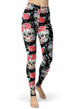 sissycos Damen Schädel Bedruckt Leggings, Bunte Skull Strumpfhosen Sanft Hosen Lang (Vintage Schädel und Rosen,M) von sissycos