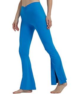 sissycos Damen Schlaghose Hohe Taille Ruched Slit Flared Legging 80CM, Blickdicht Freizeit Yogahose Lang Für Laufen Fitness Sport Gym(Poolside Blau,L) von sissycos