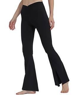 sissycos Damen Schlaghose Hohe Taille Ruched Slit Flared Legging 80CM, Blickdicht Freizeit Yogahose Lang Für Laufen Fitness Sport Gym(Schwarz,S) von sissycos