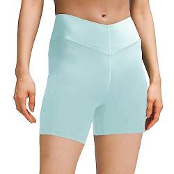 sissycos Damen Sportshorts mit Taschen V Cross, Leggings Kurz für Fitness Gym Strumpfshort, Elastische Radlerhose Sweatpants 10cm(Kreide Blau,M) von sissycos