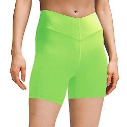 sissycos Damen Sportshorts mit Taschen V Cross, Leggings Kurz für Fitness Gym Strumpfshort, Elastische Radlerhose Sweatpants 10cm(Lime Grün,XL) von sissycos