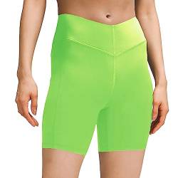 sissycos Damen Sportshorts mit Taschen V Cross, Leggings Kurz für Fitness Gym Strumpfshort, Elastische Radlerhose Sweatpants 15cm(Lime Grün,XXL) von sissycos