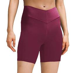 sissycos Damen Sportshorts mit Taschen V Cross, Leggings Kurz für Fitness Gym Strumpfshort, Elastische Radlerhose Sweatpants 15cm(Magenta,M) von sissycos