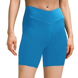 sissycos Damen Sportshorts mit Taschen V Cross, Leggings Kurz für Fitness Gym Strumpfshort, Elastische Radlerhose Sweatpants 15cm(Poolside Blau,L) von sissycos