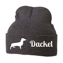 siviwonder Strickmütze - DACKEL Teckel Wiener Jagdhund Zwergdackel Kaninchenteckel - Stickerei Hund Winter Mütze Wintermütze Beanie Mütze Grey Melange-weiß von siviwonder