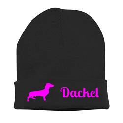 siviwonder Strickmütze - DACKEL Teckel Wiener Jagdhund Zwergdackel Kaninchenteckel - Stickerei Hund Winter Mütze Wintermütze Beanie Mütze schwarz-neonpink von siviwonder