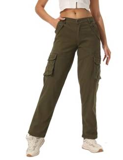 siyecaoo Cargohose Damen Y2K Hosen Elastische Taille Multi Taschen Leichte Hose mit weitem Bein Baumwolle Wanderhose Jogginghose Freizeithose Army Green 10-Tag 40 von siyecaoo