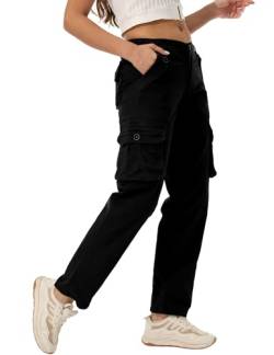 siyecaoo Cargohose Damen Y2K Hosen Elastische Taille Multi Taschen Leichte Hose mit weitem Bein Baumwolle Wanderhose Jogginghose Freizeithose Black 16-Tag 46 von siyecaoo