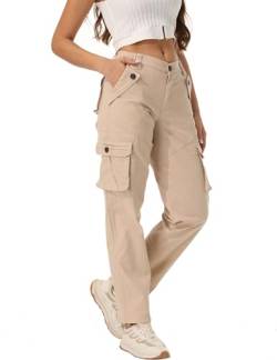 siyecaoo Cargohose Damen Y2K Hosen Elastische Taille Multi Taschen Leichte Hose mit weitem Bein Baumwolle Wanderhose Jogginghose Freizeithose Khaki 10-Tag 40 von siyecaoo