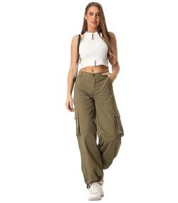 siyecaoo Hosen Damen Y2K Cargohose Leichte High Waist Hose mit weitem Bein Multi Taschen Baumwolle Wanderhose Jogginghose Freizeithose Army Green 14-Tag 44 von siyecaoo