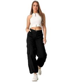 siyecaoo Hosen Damen Y2K Cargohose Leichte High Waist Hose mit weitem Bein Multi Taschen Baumwolle Wanderhose Jogginghose Freizeithose Black 12-Tag 42 von siyecaoo