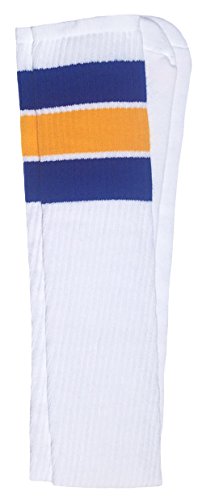 SKATERSOCKS Skater Socks 88,9 cm Oberschenkelhohe Schlauchsocken, Unisex, Weiß/Königsblau-Gold Streifen Stil 5, 35 von skatersocks