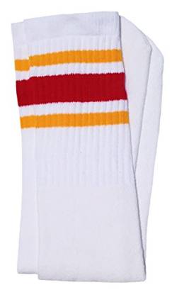 Skater Socks 63,5 cm kniehohe weiße Röhrensocken mit goldfarbenen roten Streifen Stil 3 von skatersocks