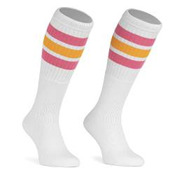 skatersocks 22 Inch kniehohe gestreifte Damen Socken Kniestrümpfe Knee High Overknee Old School Retro Tube Socken weiss - bubblegum pink-gelb gestreift von skatersocks