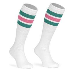 skatersocks 22 Inch kniehohe gestreifte Damen Socken Kniestrümpfe knee high overknee Old School Retro Tube Socks weiss - teal/bubblegum pink gestreift von skatersocks