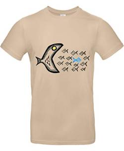 smilo & bron Unisex T-Shirt, Rundhals, Medium Fit, 100% Baumwolle, Gegen den Strom Motiv Fische Aufdruck Braun Sand M von smilo & bron