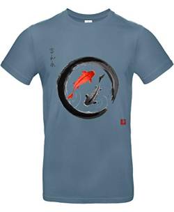 smilo & bron Unisex T-Shirt, Rundhals, Medium Fit, 100% Baumwolle, Koi Karpfen im Zen-Kreis Motiv Aufdruck Blau Stone Blue L von smilo & bron