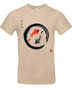 smilo & bron Unisex T-Shirt, Rundhals, Medium Fit, 100% Baumwolle, Koi Karpfen im Zen-Kreis Motiv Aufdruck Braun Sand XL von smilo & bron