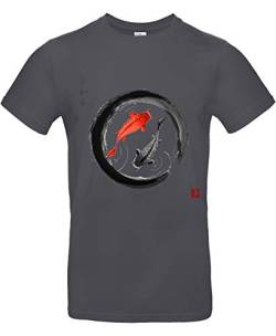 smilo & bron Unisex T-Shirt, Rundhals, Medium Fit, 100% Baumwolle, Koi Karpfen im Zen-Kreis Motiv Aufdruck Grau Dark Grey XL von smilo & bron