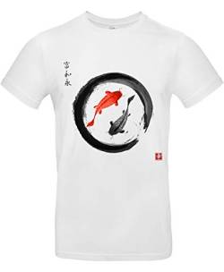 smilo & bron Unisex T-Shirt, Rundhals, Medium Fit, 100% Baumwolle, Koi Karpfen im Zen-Kreis Motiv Aufdruck Weiß White XXL von smilo & bron