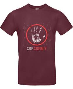 smilo & bron Unisex T-Shirt, Rundhals, Medium Fit, 100% Baumwolle, Stop Stupidity Motiv Aufdruck Rot Burgundy M von smilo & bron