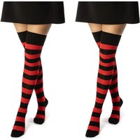 sockenkauf24 Overknees 2 Paar Overknee Strümpfe Damen Kniestrümpfe (Ringel Schwarz/Rot, 35-38) Schwarz Bunt Ringel Baumwolle - 10723 WP von sockenkauf24