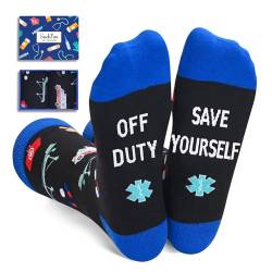 SOCKFUN EMT Socken Sanitäter Socken Medizinische Socken mit Lustigem Spruch Off Duty Save Yourself, EMT Geschenke Sanitäter Geschenke für Sanitäter von sockfun