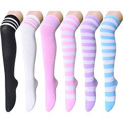 sockfun 6 Paar Damen Gestreifte Kniestrümpfe Oberschenkelhohe Socken Gestreifte Strümpfe Niedliche Lange Socken, 5 Paar leuchtende Farben, 1 Paar klassische Farbe, Medium von sockfun