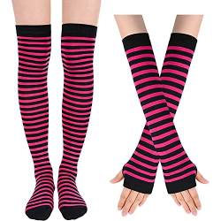 sockfun Regenbogen Lange Gestreifte Gothic Armstulpen Beinstulpen Frauen Oberschenkel Hohe Goth Socken, Hot Pink gestreift von sockfun