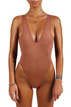 sofsy Badeanzug für Damen mit hohem Beinausschnitt, 80er und 90er sexy Retrolook rückenfrei bademode Nude größe Small von sofsy
