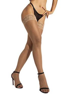 sofsy Fischnetz Halterlose Strümpfe mit Spitze - Strapsen Dessous - Netzstrumpfhose Braun Tan 5 - X-Large von sofsy