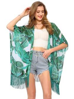 soul young Damen Kimono Cover Up Blumenmuster – leichte Leoparden-Chiffon-Strandmode für Bikini, Strickjacke und Bademode(One Size,Grünes Blatt) von soul young