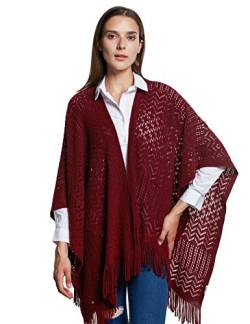 soul young Damen Stricken Stola Große Größen Warm Weich Poncho Shawl Cardigan Kimono(One Size,Rot) von soul young