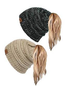 soul young Pferdeschwanz Messy Bun Beanie Tail Knit Hole Strickmütze Weiche Brötchen Winter mütze mit zopfloch für Damen(Einheitsgröße,2er-Pack–2-farbiges Khaki und 3-farbiges Grün) von soul young