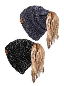 soul young Pferdeschwanz Messy Bun Beanie Tail Knit Hole Strickmütze Weiche Brötchen Winter mütze mit zopfloch für Damen(Einheitsgröße,2er-Pack–3-Ton-Schwarz und 2-Ton-Marine) von soul young