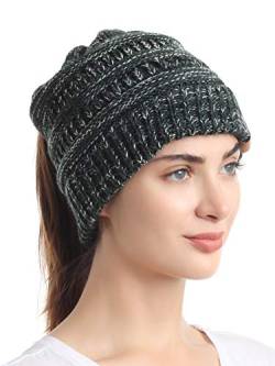 soul young Pferdeschwanz Messy Bun Beanie Tail Knit Hole Strickmütze Weiche Brötchen Winter mütze mit zopfloch für Damen(Einheitsgröße,3-Ton-Grün) von soul young