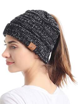 soul young Pferdeschwanz Messy Bun Beanie Tail Knit Hole Strickmütze Weiche Brötchen Winter mütze mit zopfloch für Damen(Einheitsgröße,3-Ton-Schwarz) von soul young