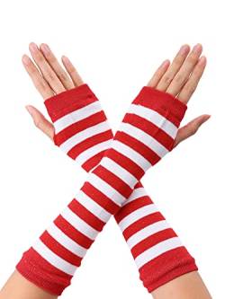 sourcing map Damen Handschuhe mit Streifendruck, fingerlos, Daumenloch, Ellenbogenlänge, 1 Paar, Rot / Weiß mit breiten Streifen, Einheitsgröße von sourcing map