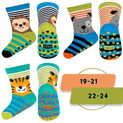 soxo Stoppersocken Kinder Baby Geschenk Junge Anti Rutsch Socken Antirutschsocken 3 Paar 6-12 Monate Tiger Faultier Hund von soxo