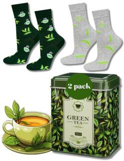 soxo Tee Socken Damen Bunte Lustige Damensocken Lange Baumwollsocken Tea Socks Women 35-40 2 Paar Green Tea von soxo