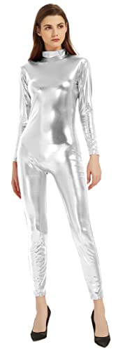 Speerise Damen Shiny Metallic Catsuit Langarm Unitard Bodysuit Klein Silber von speerise