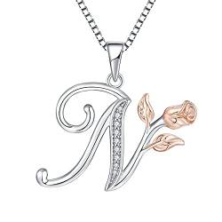 Starchenie Alphabet Rose Halskette Buchstabe N Halskette Zirkonia Anhänger 925 Sterling Silber Halskette für Damen von starchenie