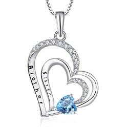 Starnny Damen Kette Silber 925 Bruder Schwester Liebe Gravur Herz Anhänger Halskette mit März Geburtsstein Aquamarin Farbe 3A ZirKonia Schmuck für Frauen von starchenie