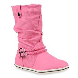 Bequeme Damen Stiefel Schlupfstiefel Lochungen Flache Boots Leder-Optik Metallic Schuhe 113535 Pink 38 Flandell von stiefelparadies