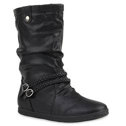 Bequeme Damen Stiefel Schlupfstiefel Lochungen Flache Boots Leder-Optik Metallic Schuhe 68687 Schwarz Schwarz 40 Flandell von stiefelparadies