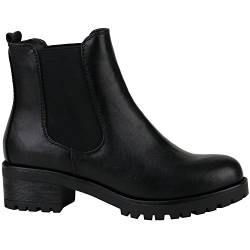 Damen Chelsea Boots Blockabsatz Plateau Stiefeletten Leder-Optik Schuhe 144274 Schwarz Glatt 36 Flandell von stiefelparadies