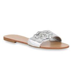 Damen Pantoletten Blumen Strass Sandalen Lack Sommer Schleifen Velours Satin Slip-ons Flats Schuhe 54319 Silber Blume 37 Flandell von stiefelparadies