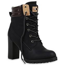 Damen Schnürstiefeletten Winterstiefel Worker Boots Schnürer Winterboots Stiefeletten High Heels Schuhe 122711 Schwarz 36 Flandell von stiefelparadies