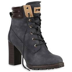 Damen Schnürstiefeletten Winterstiefel Worker Boots Schnürer Winterboots Stiefeletten High Heels Schuhe 122713 Grau 40 Flandell von stiefelparadies