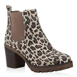 Damen Stiefeletten Chelsea Boots Profilsohle Schuhe 104773 Leopard 41 Flandell von stiefelparadies